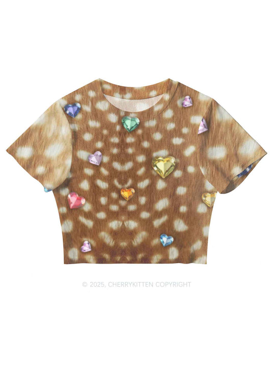 Leopard With Gems Y2K Mesh Crop Top Cherrykitten