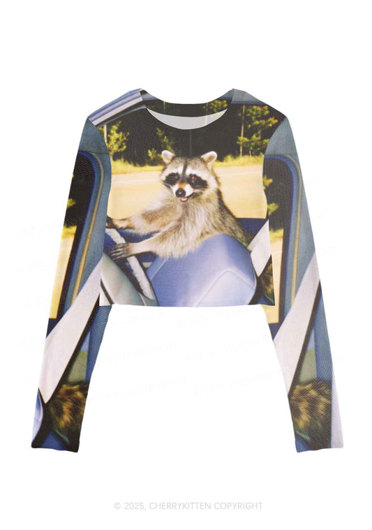 Raccoon Driver Y2K Mesh Long Sleeve Crop Top Cherrykitten