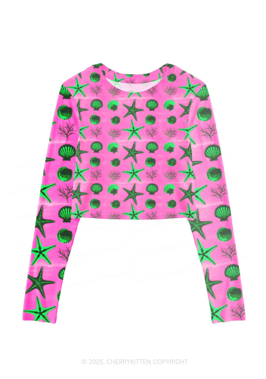 Sea Animals Y2K Mesh Long Sleeve Crop Top Cherrykitten