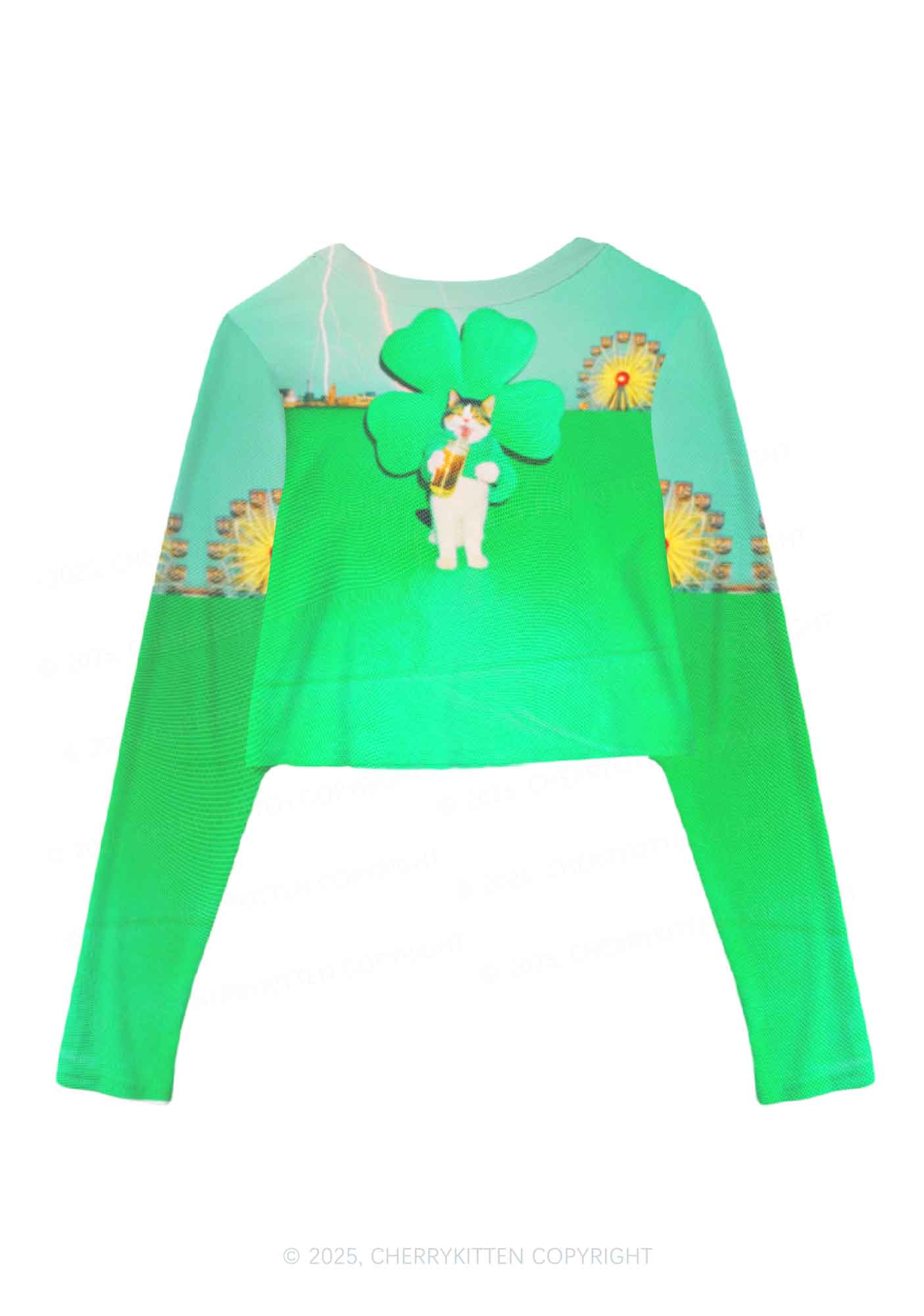 Lucky Cat St Patricks Y2K Mesh Long Sleeve Crop Top Cherrykitten
