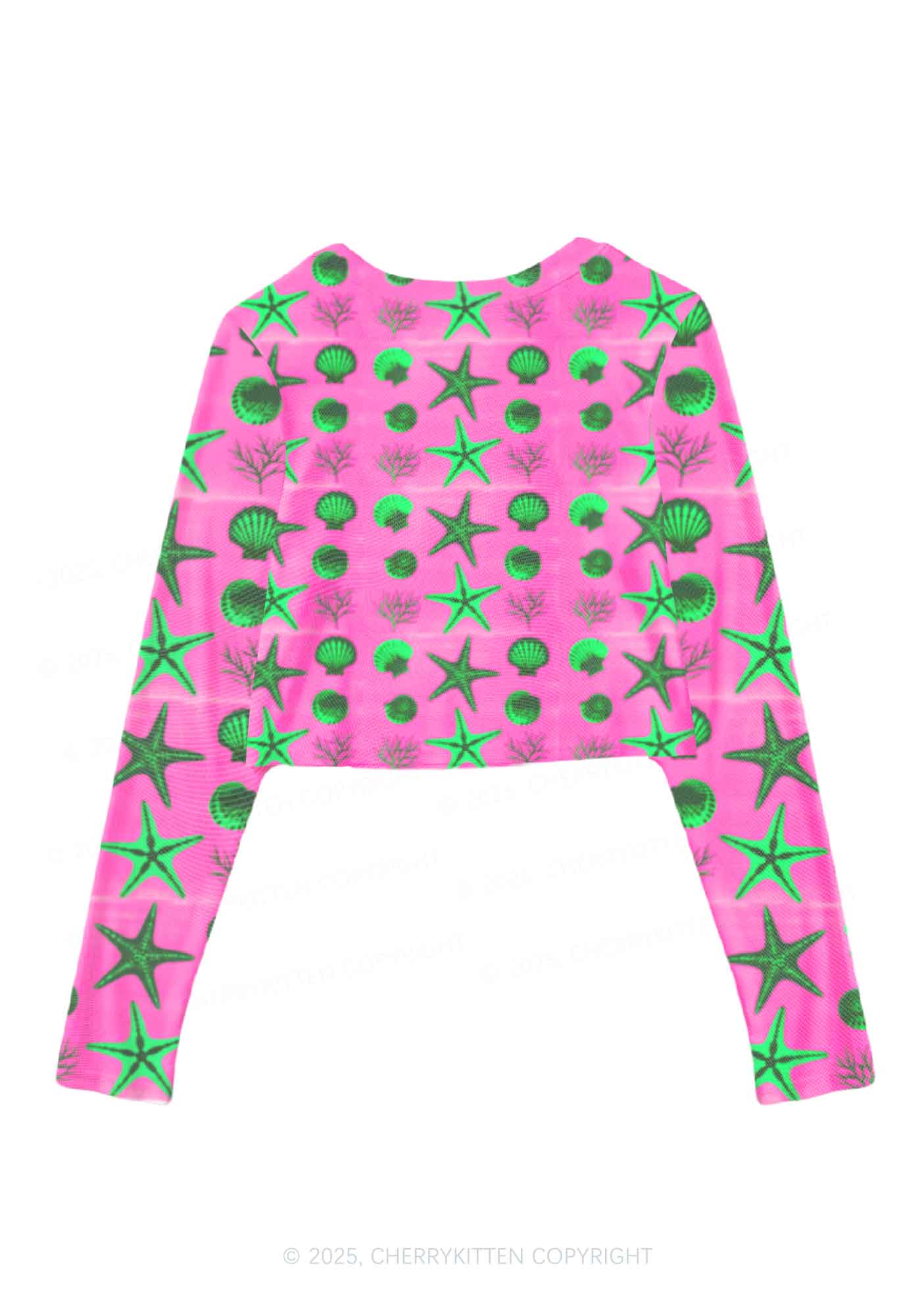 Sea Animals Y2K Mesh Long Sleeve Crop Top Cherrykitten