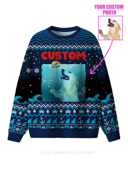 Custom Jowls Dog Y2K Christmas Knit Sweatshirt Cherrykitten
