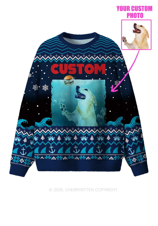 Custom Jowls Dog Y2K Christmas Knit Sweatshirt Cherrykitten