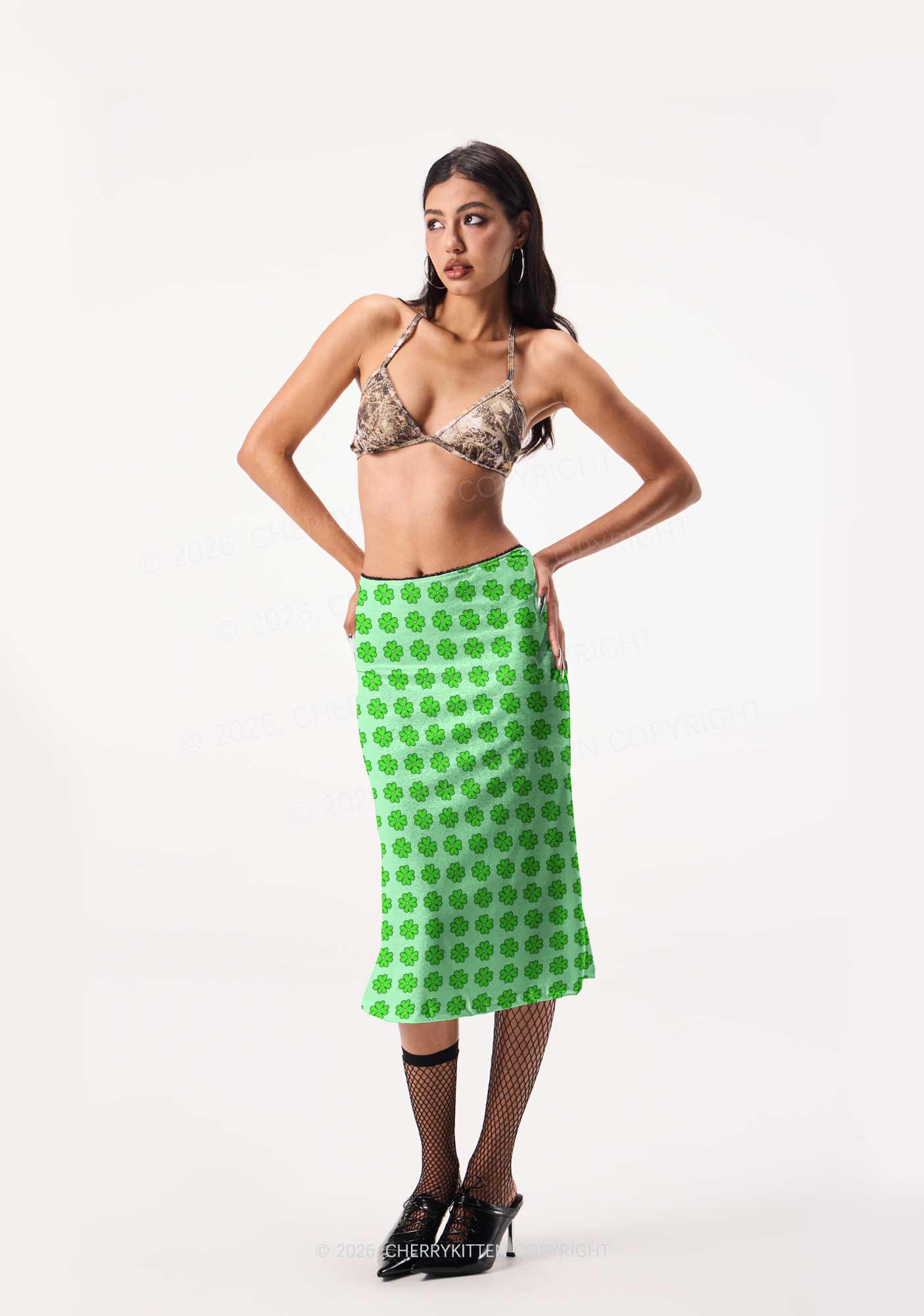 Green Clover Grid St Patricks Y2K Print Midi Skirt Cherrykitten
