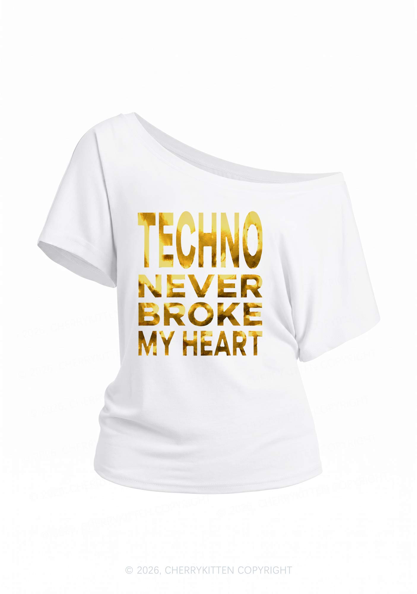 Techno Broke Heart Silver Foil Printed Y2K Off Shoulder Tee Cherrykitten