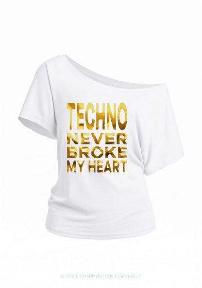 Techno Broke Heart Silver Foil Printed Y2K Off Shoulder Tee Cherrykitten