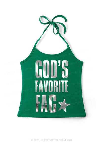 Gods Favorite Fag Pride Silver Foil Printed Y2K Halter Neck Cami Cherrykitten
