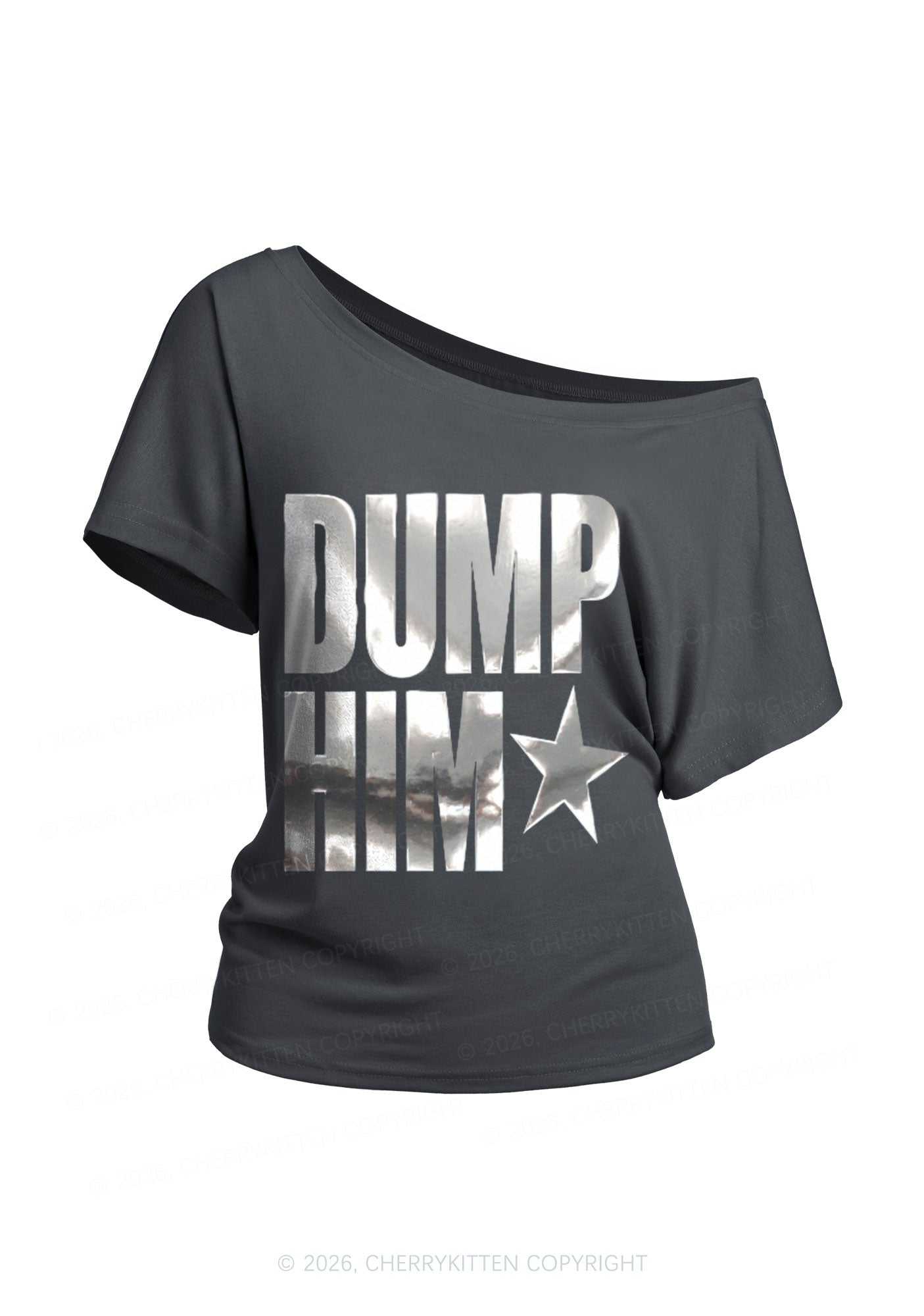 Dump Him Silver Foil Printed Y2K Off Shoulder Tee Cherrykitten