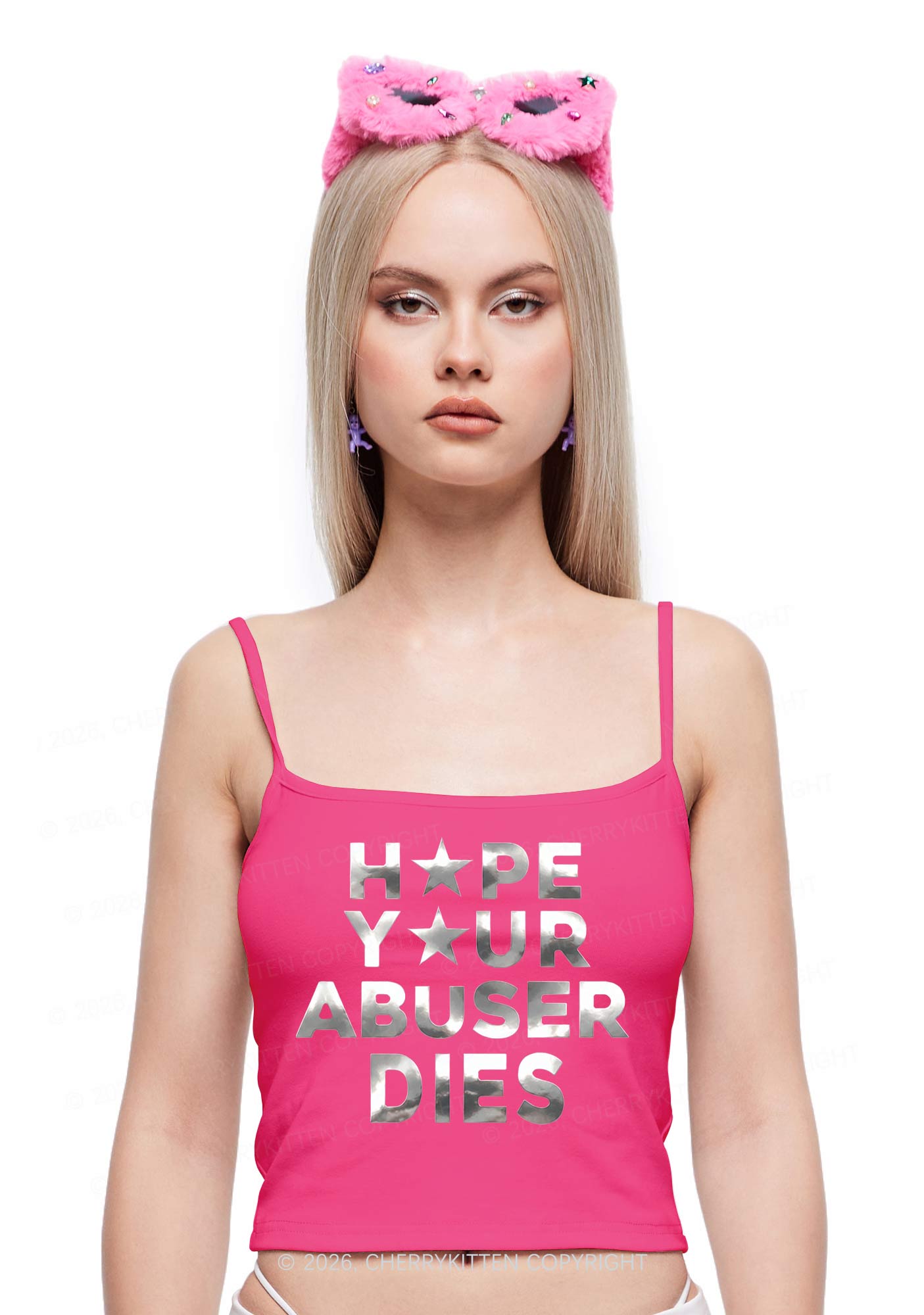 Abuser Dies Silver Foil Printed Y2K Spaghetti Strap Cami Cherrykitten