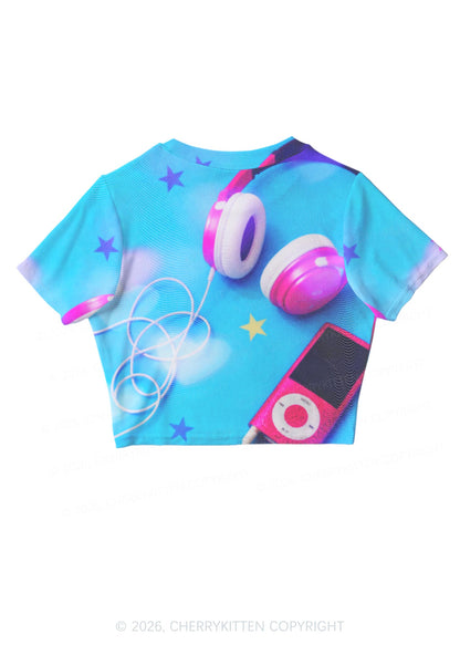 Retro Pink Headphone Y2K Mesh Crop Top Cherrykitten