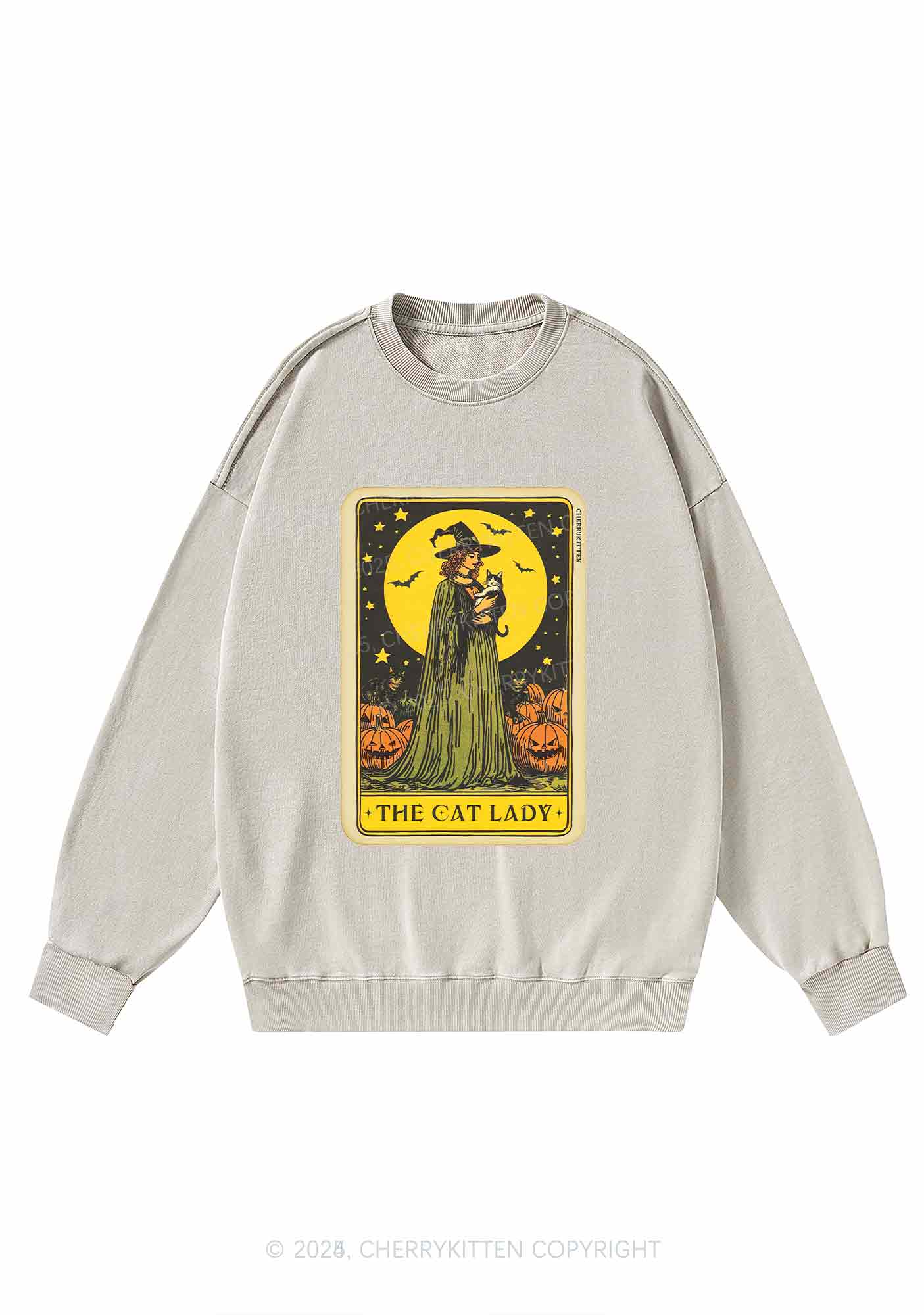 Halloween The Witch Cat Lady Y2K Washed Sweatshirts Cherrykitten