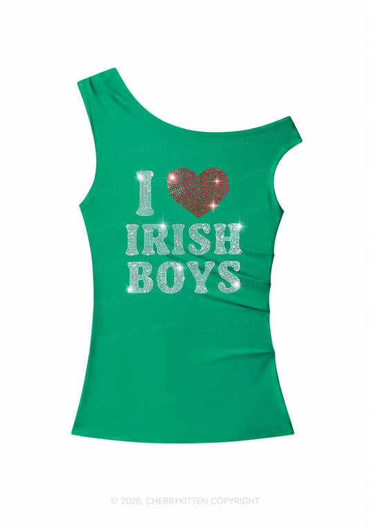 Rhinestone I Love Irish Boys St Patricks Y2K Off Shoulder Tank Top Cherrykitten