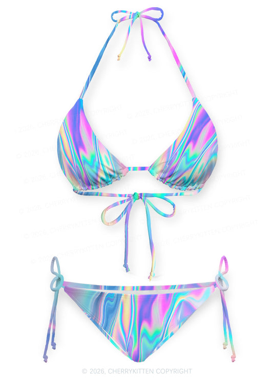 Holographic Iridescent Swirl Y2K Print Bikini Set Cherrykitten