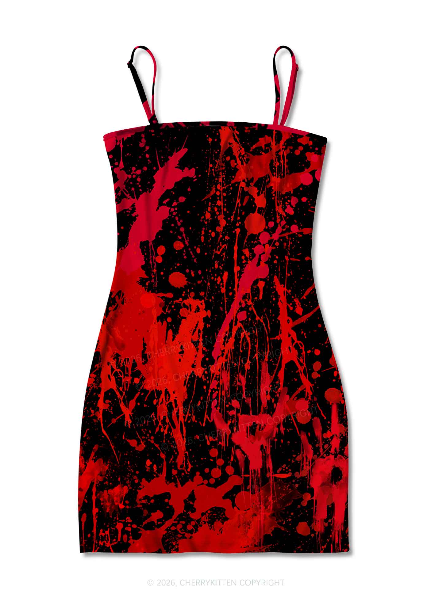 Halloween Red Blood On Black Y2K Print Slip Dress Cherrykitten