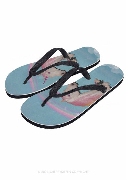 Blue Unicorn Y2K Print Flip Flops Cherrykitten
