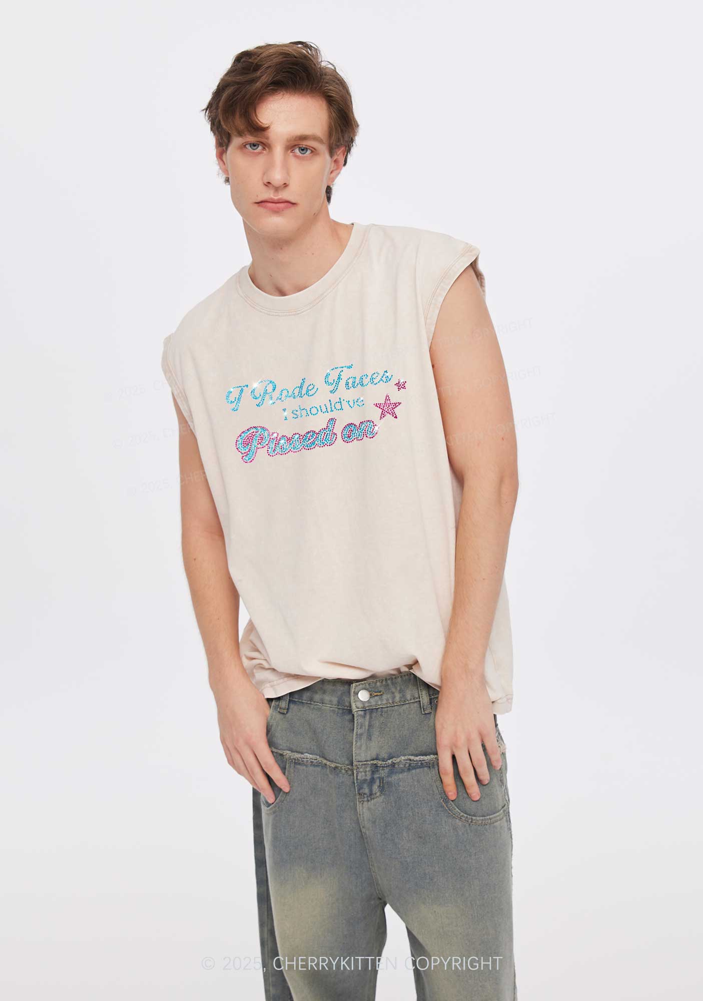 Rhinestone I Rode Faces Y2K Washed Muscle Tank Cherrykitten