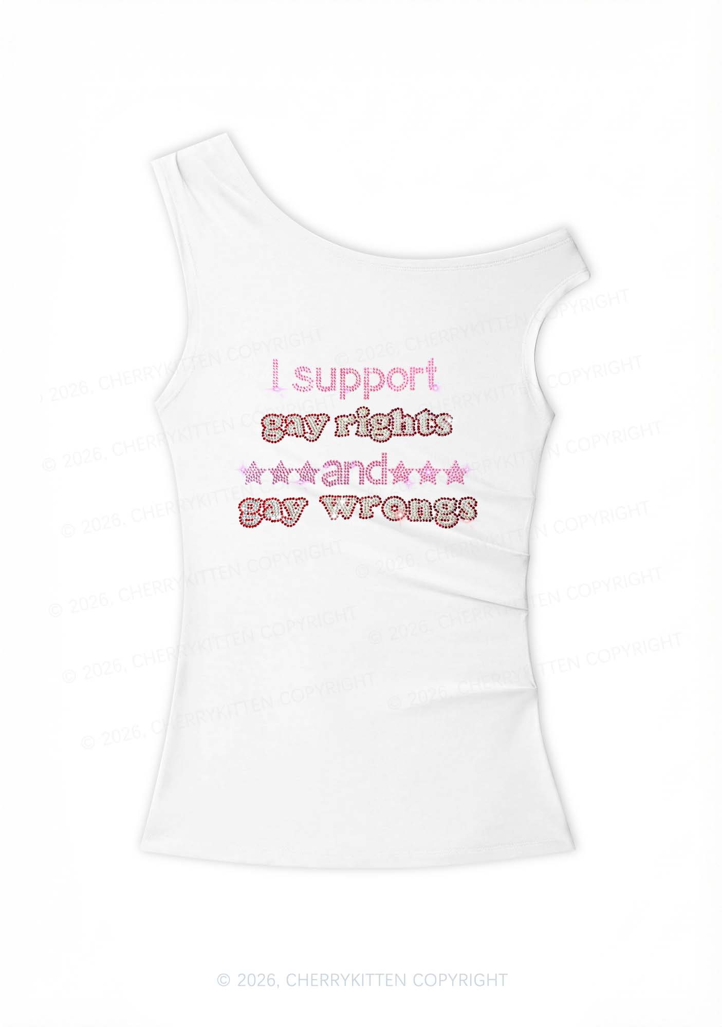 Rhinestone I Support Gay Rights Y2K Off Shoulder Tank Top Cherrykitten