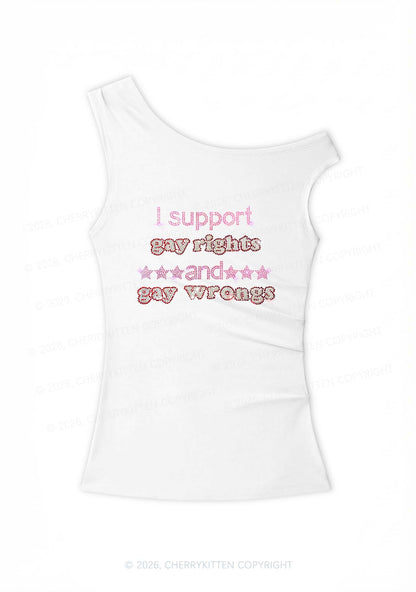 Rhinestone I Support Gay Rights Y2K Off Shoulder Tank Top Cherrykitten