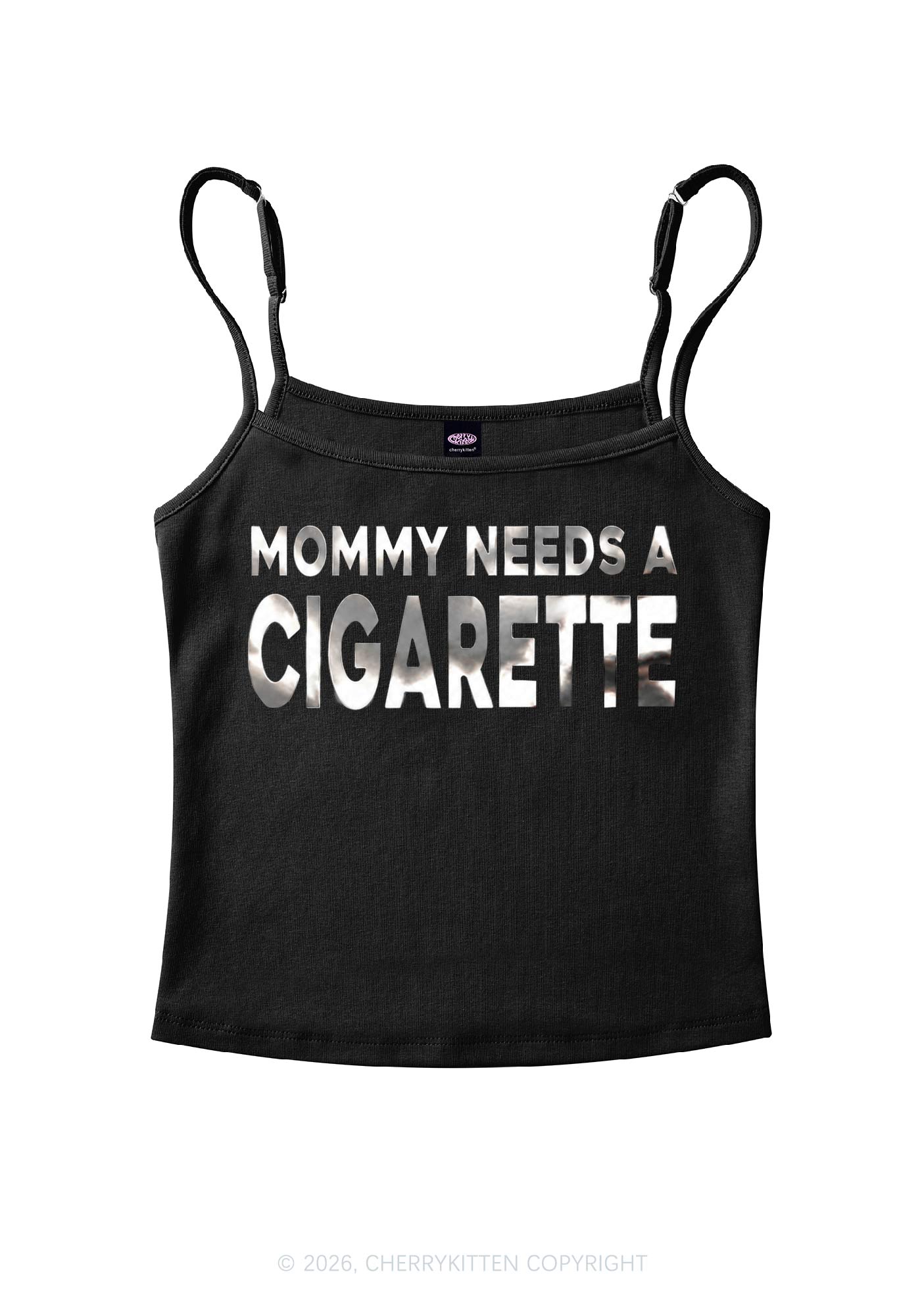 Mommy Needs A Cigarette Silver Foil Printed Y2K Spaghetti Strap Cami Cherrykitten