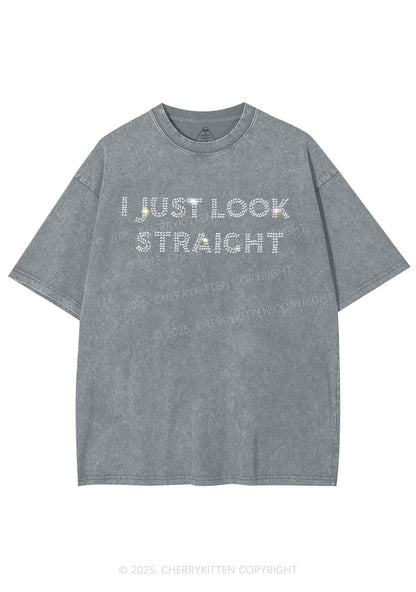 Rhinestone I Just Look Straight Pride Y2K Shirts Washed Tee Cherrykitten