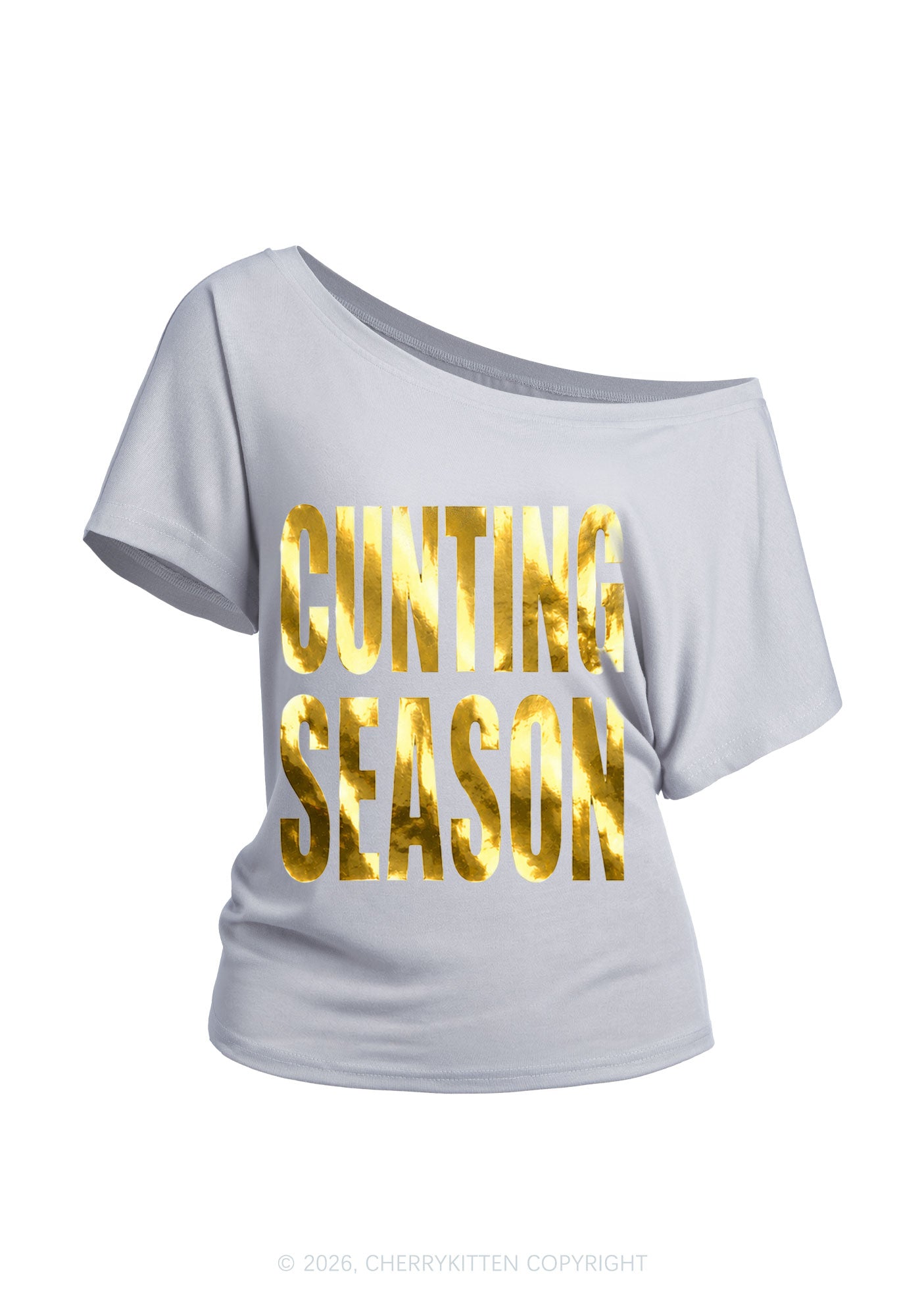 Cxxting Season Silver Foil Printed Y2K Off Shoulder Tee Cherrykitten