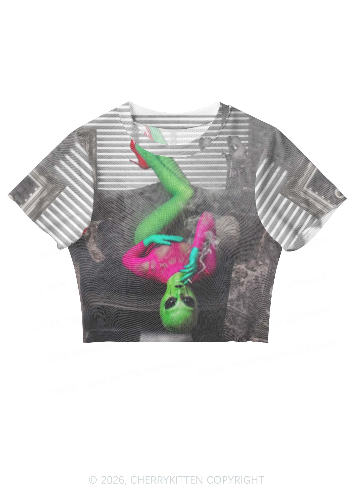 Smoking Alien Y2K Mesh Crop Top Cherrykitten