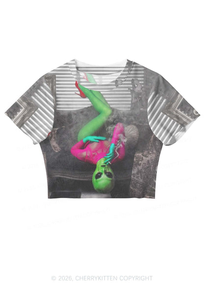 Smoking Alien Y2K Mesh Crop Top Cherrykitten