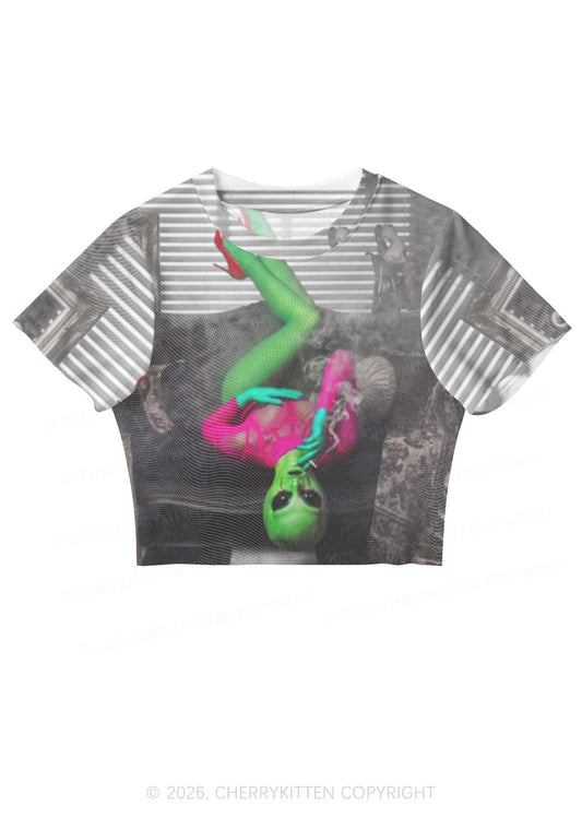 Smoking Alien Y2K Mesh Crop Top Cherrykitten