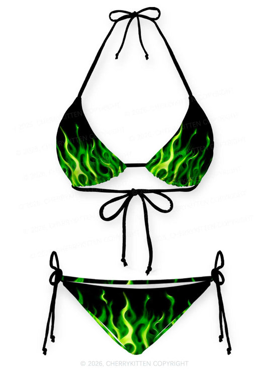 Neon Green Flame Y2K Print Bikini Set Cherrykitten