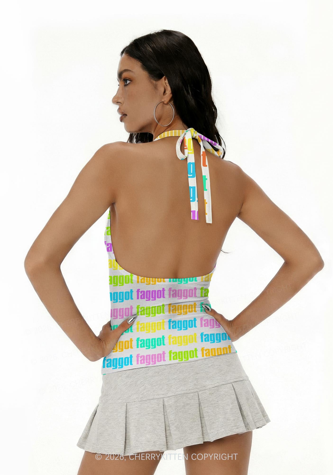 Rainbow Faggot Slogan Pride Y2K Print Halter Deep V Neck Cami Cherrykitten