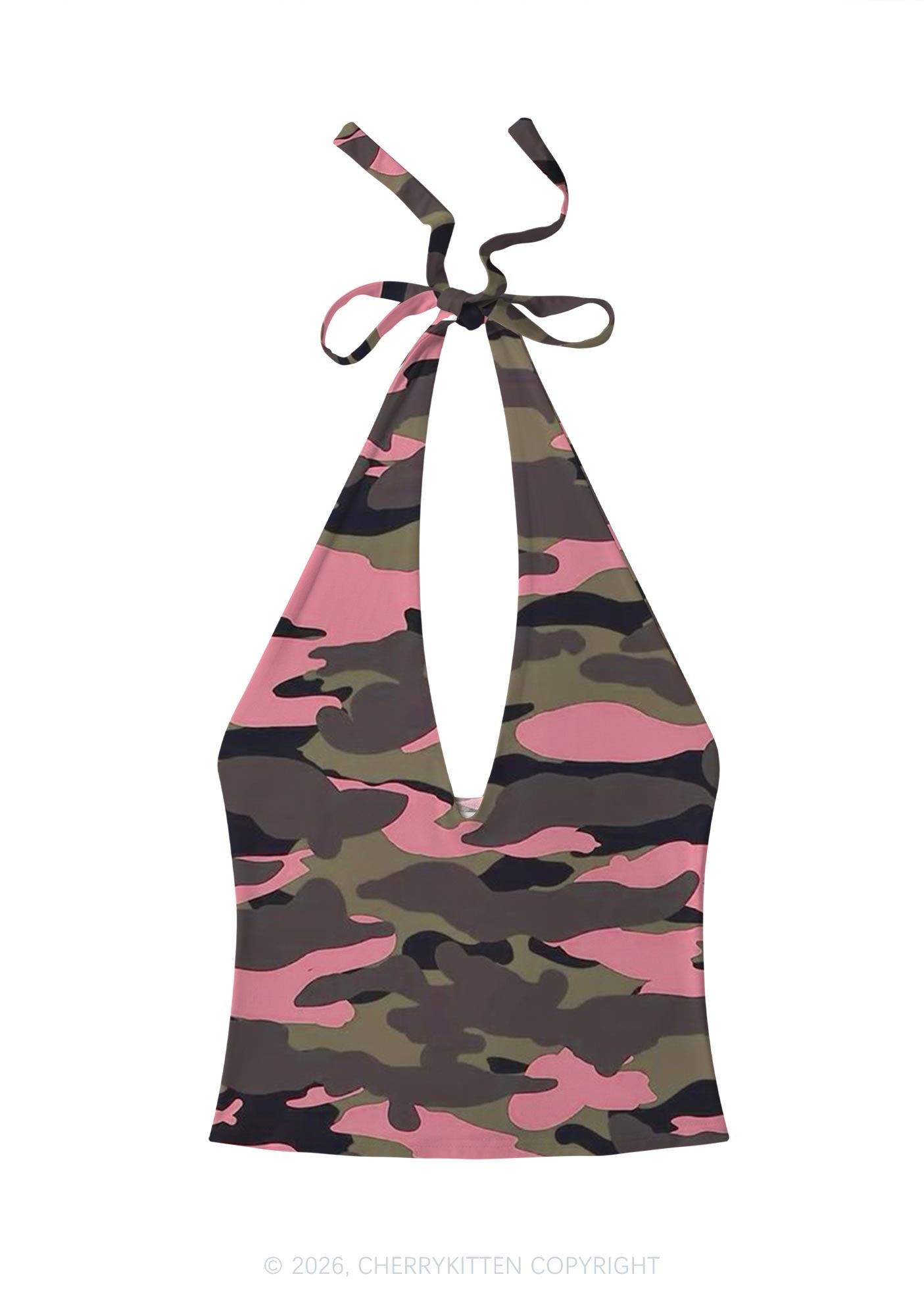 Pink Camouflage Y2K Print Halter Deep V Neck Cami Cherrykitten
