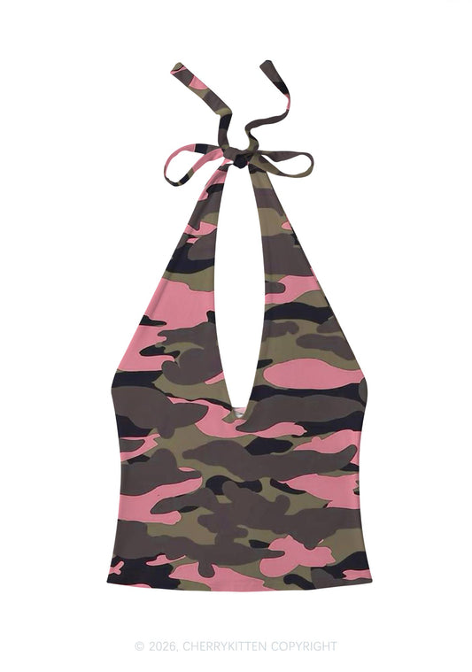 Pink Camouflage Y2K Print Halter Deep V Neck Cami Cherrykitten