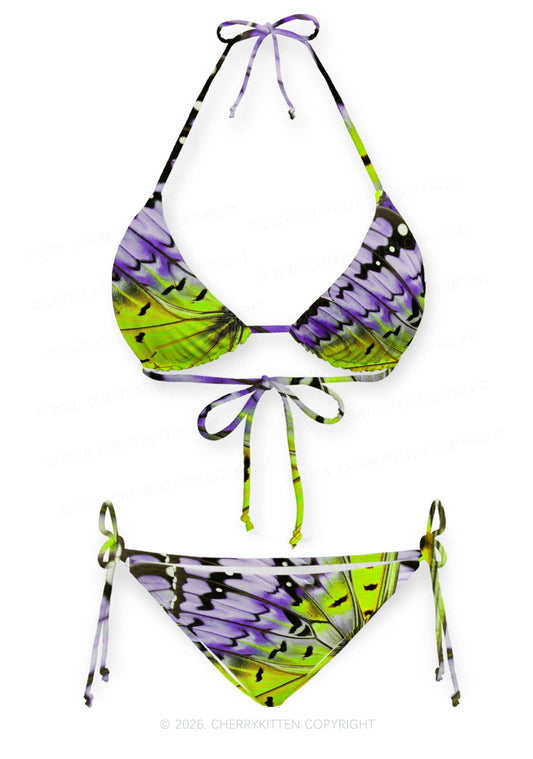 Purple Lime Butterfly Wing Y2K Print Bikini Set Cherrykitten