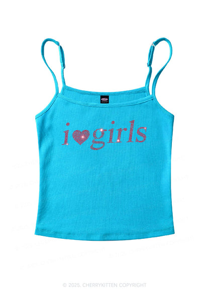 Rhinestone I Love Girls Y2K Spaghetti Strap Cami Cherrykitten