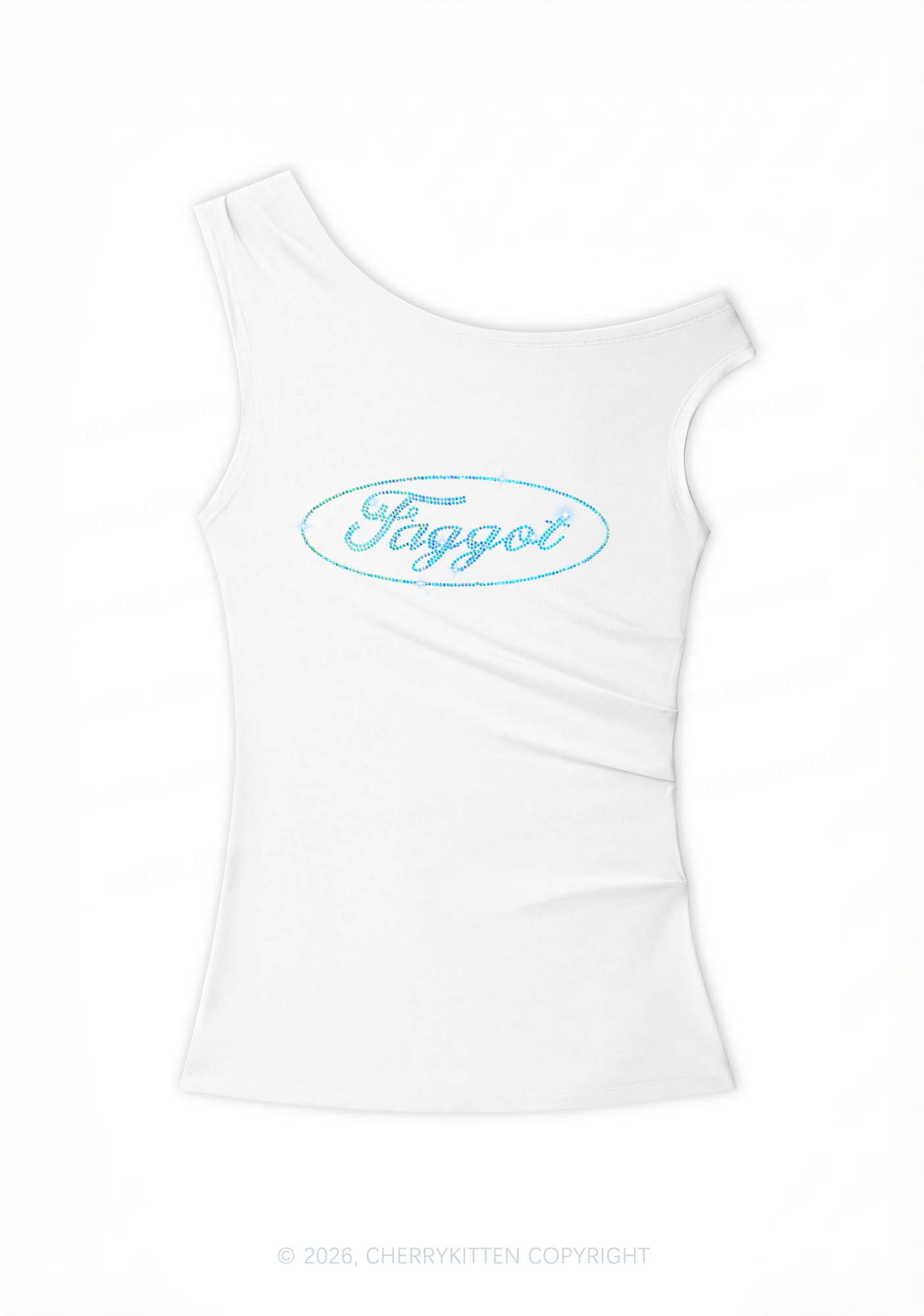 Rhinestone Oval Faggot Pride Y2K Off Shoulder Tank Top Cherrykitten