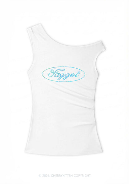 Rhinestone Oval Faggot Pride Y2K Off Shoulder Tank Top Cherrykitten