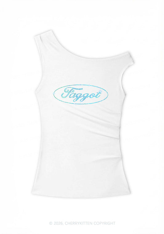 Rhinestone Oval Faggot Pride Y2K Off Shoulder Tank Top Cherrykitten