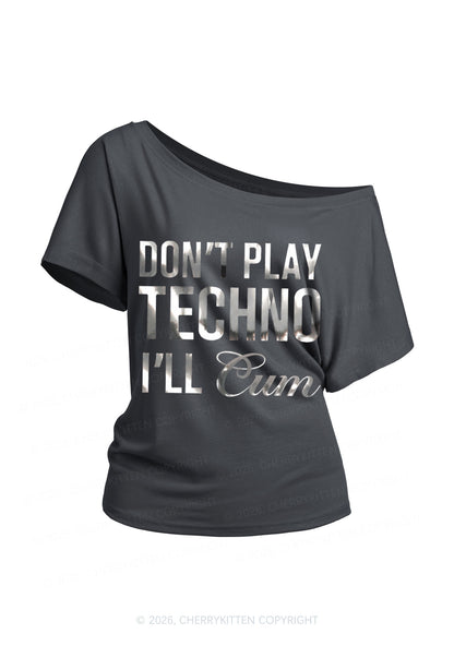 Dont Play Techno Silver Foil Printed Y2K Off Shoulder Tee Cherrykitten