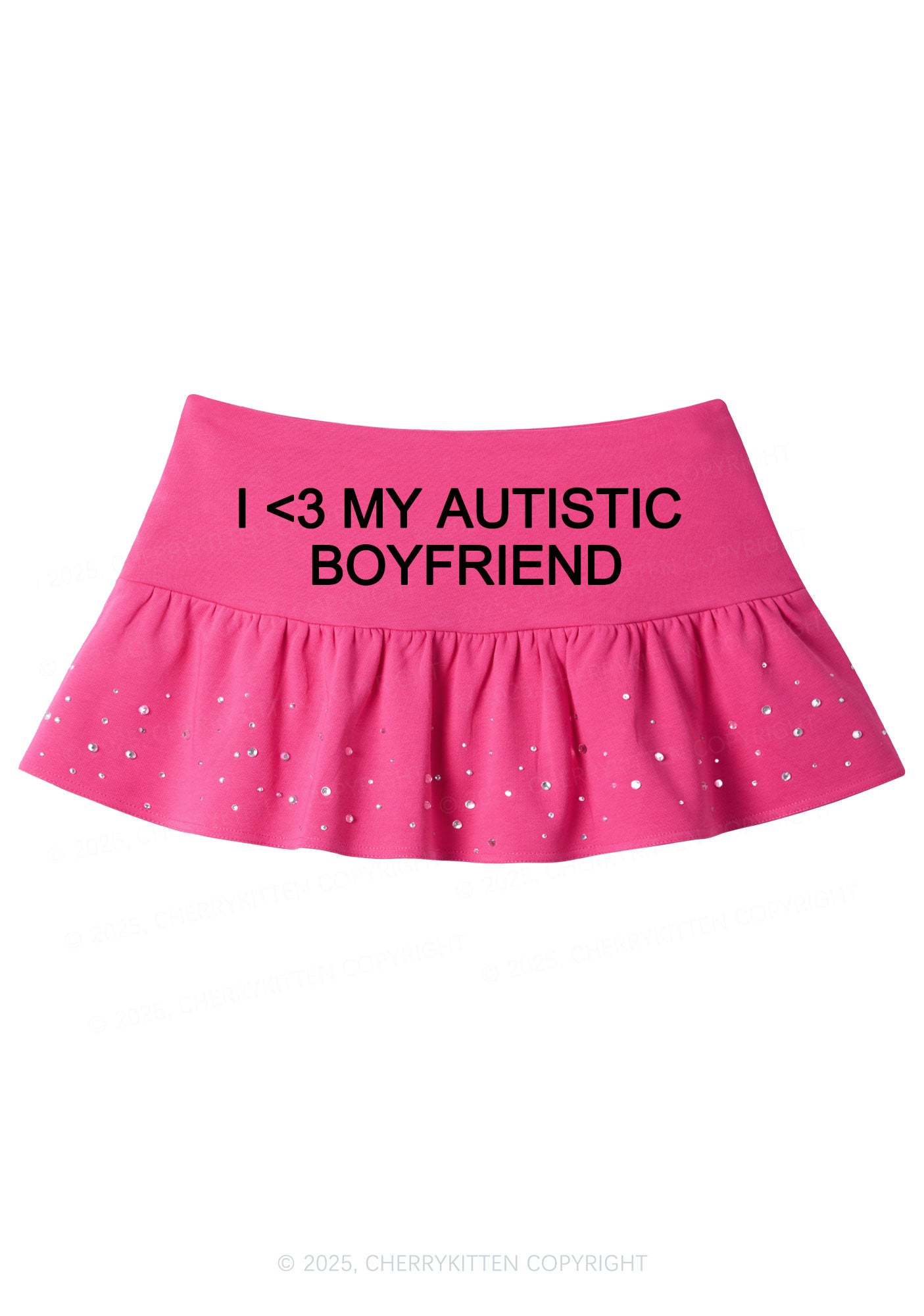 I Love My Autistic BF Valentine's Day Y2K Pink Ruffled Rhinestone Mini Skirt Cherrykitten