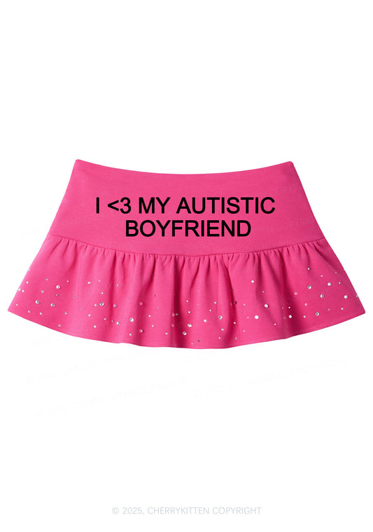 I Love My Autistic BF Valentine's Day Y2K Pink Ruffled Rhinestone Mini Skirt Cherrykitten