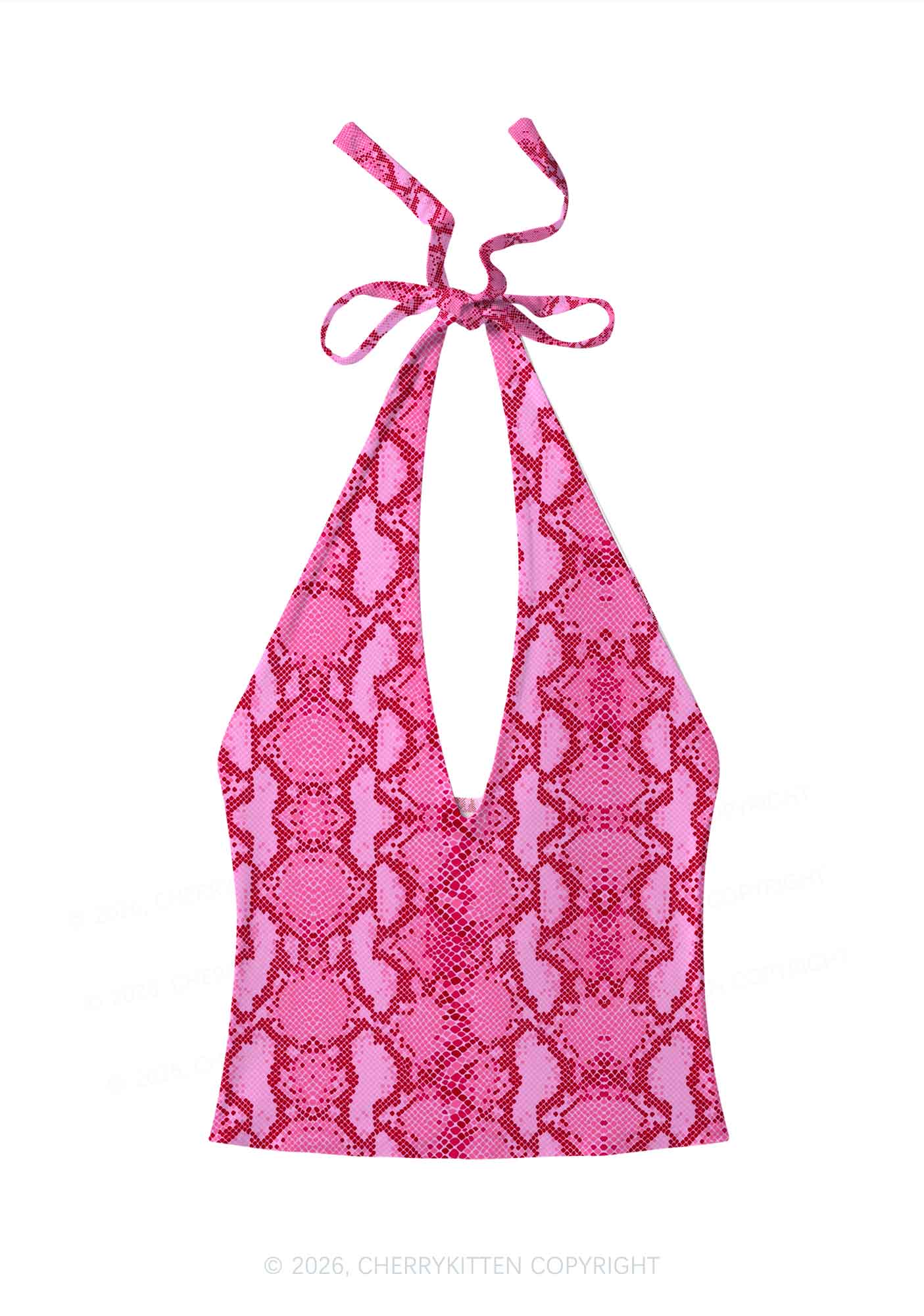 Hot Pink Snake Skin Pattern Y2K Print Halter Deep V Neck Cami Cherrykitten