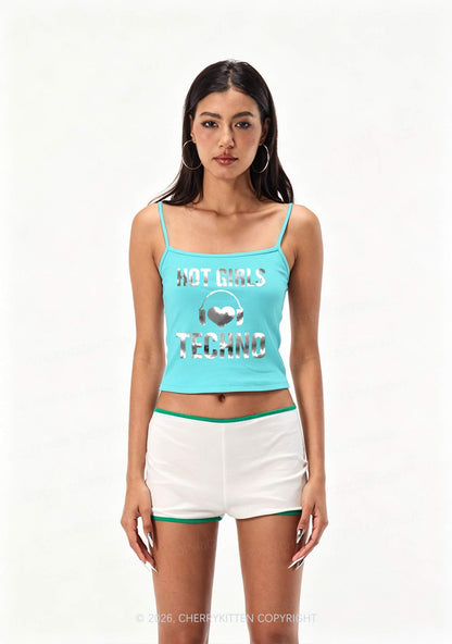 Hot Girls Love Techno Silver Foil Printed Y2K Spaghetti Strap Cami Cherrykitten