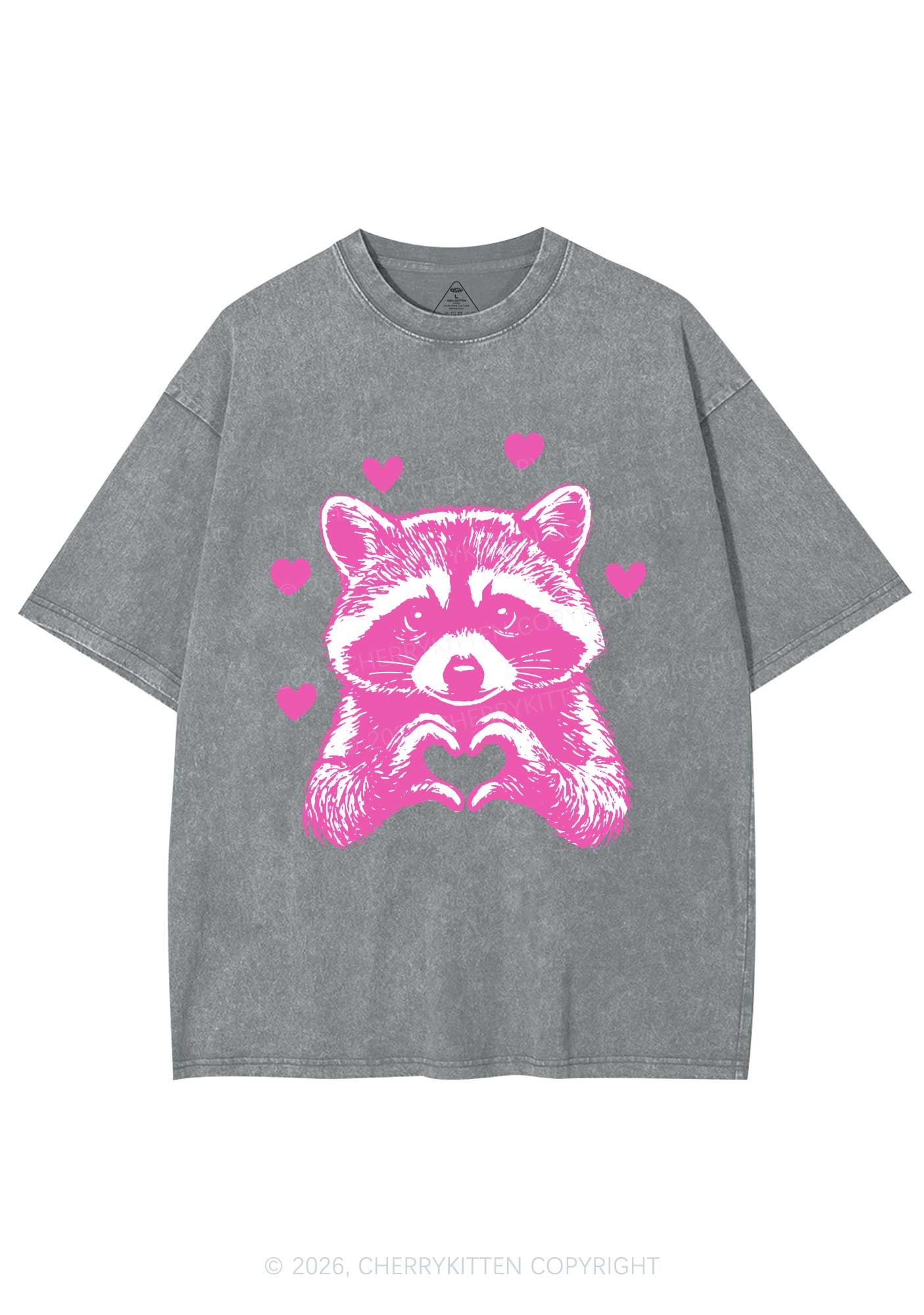 Pink Raccoon Heart Valentine's Day Y2K Shirts Washed Tee Cherrykitten