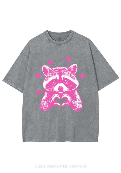 Pink Raccoon Heart Valentine's Day Y2K Shirts Washed Tee Cherrykitten