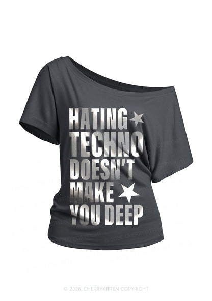 Hating Techno Silver Foil Printed Y2K Off Shoulder Tee Cherrykitten