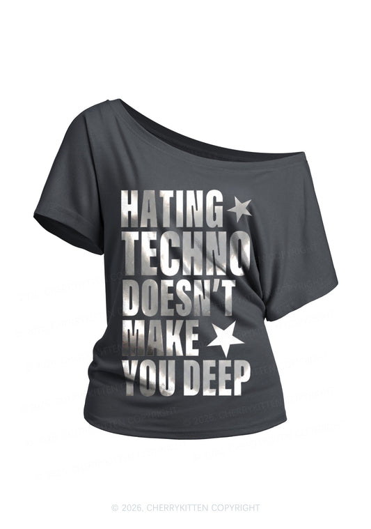 Hating Techno Silver Foil Printed Y2K Off Shoulder Tee Cherrykitten