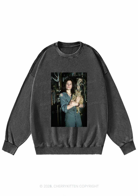Halloween Space Lady Cat Y2K Washed Sweatshirts Cherrykitten