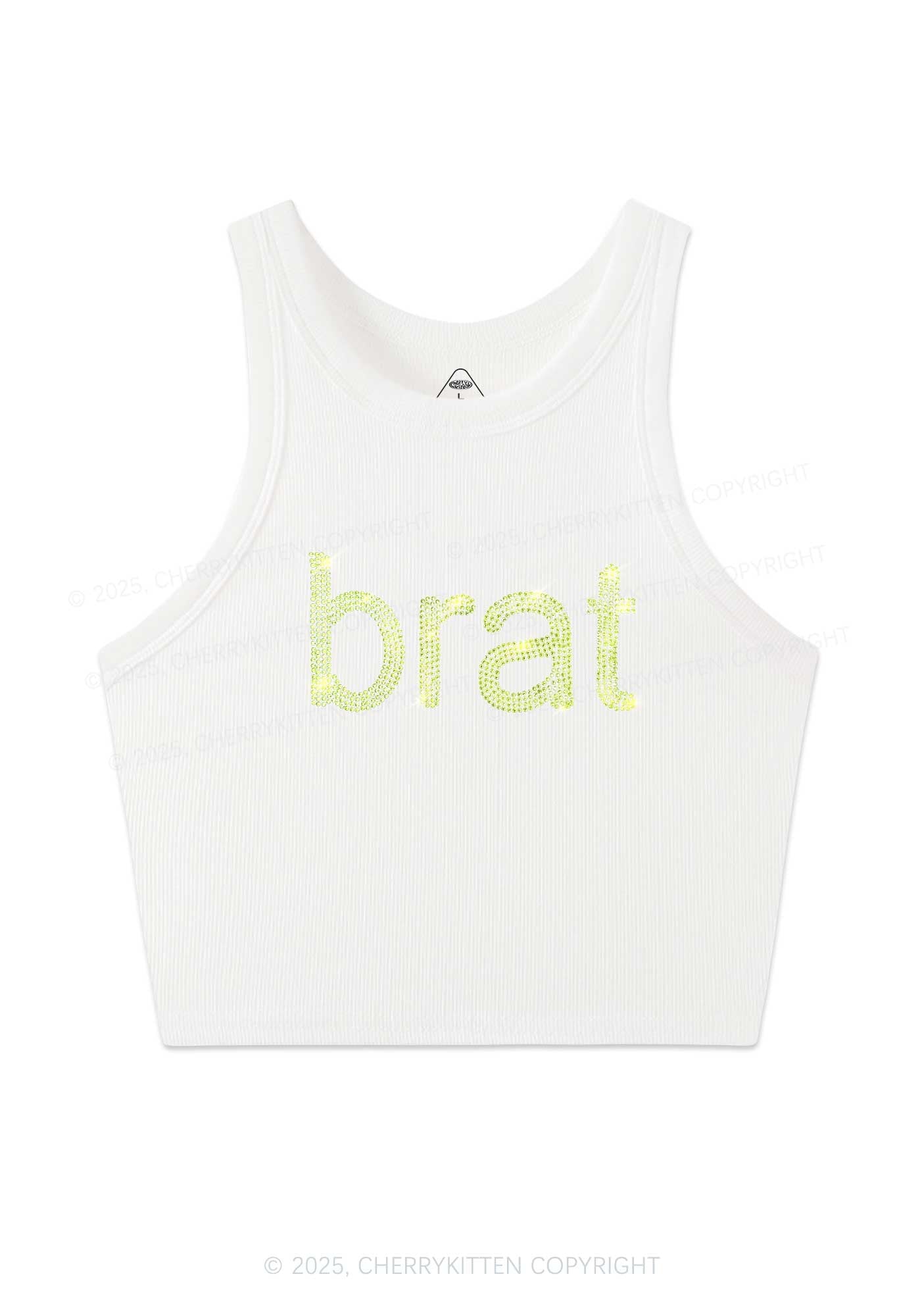 Rhinestone Green Brat Y2K Crop Tank Top Cherrykitten