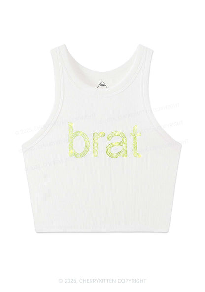 Rhinestone Green Brat Y2K Crop Tank Top Cherrykitten