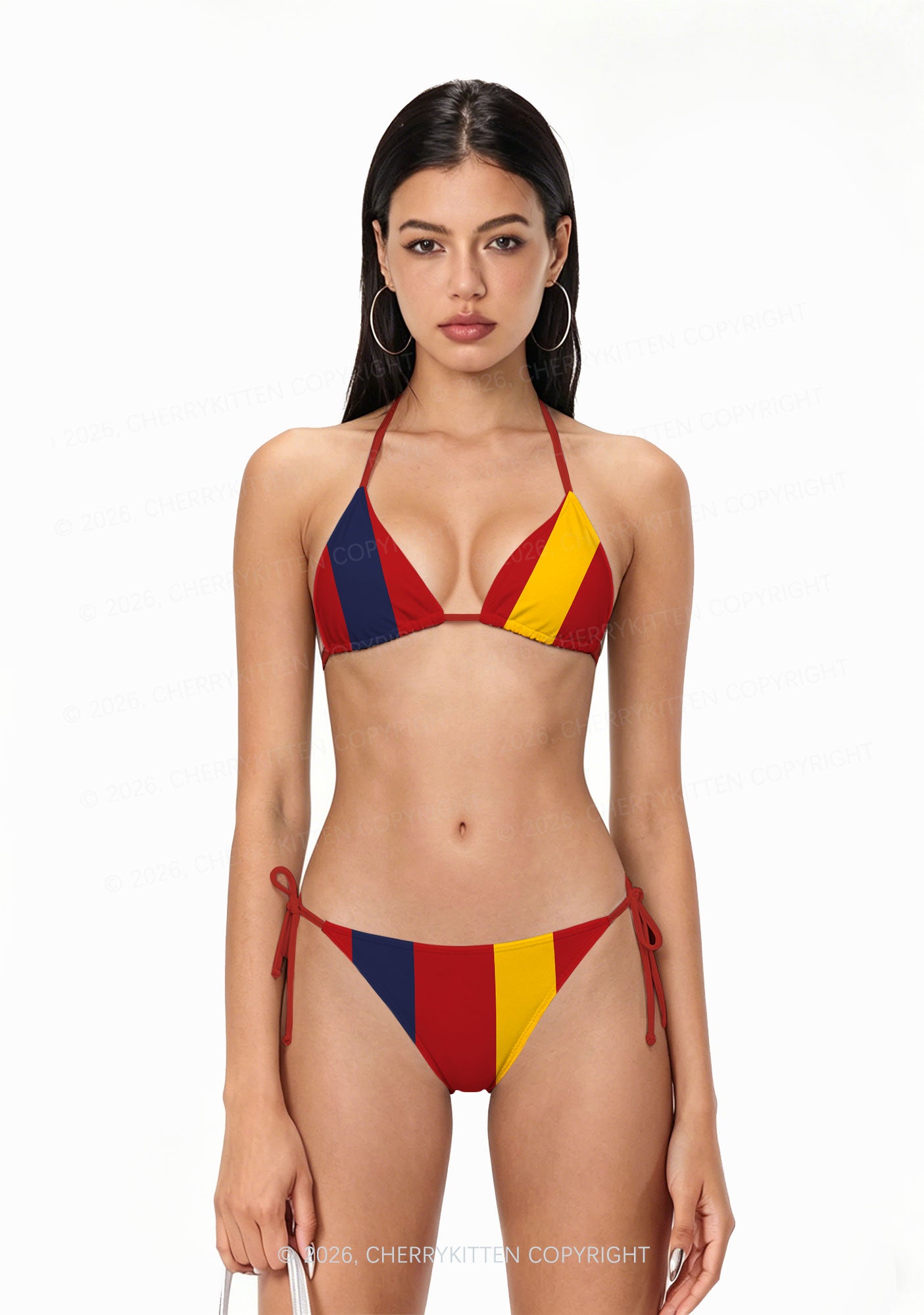 Red Navy Yellow Vertical Stripe Y2K Print Bikini Set Cherrykitten